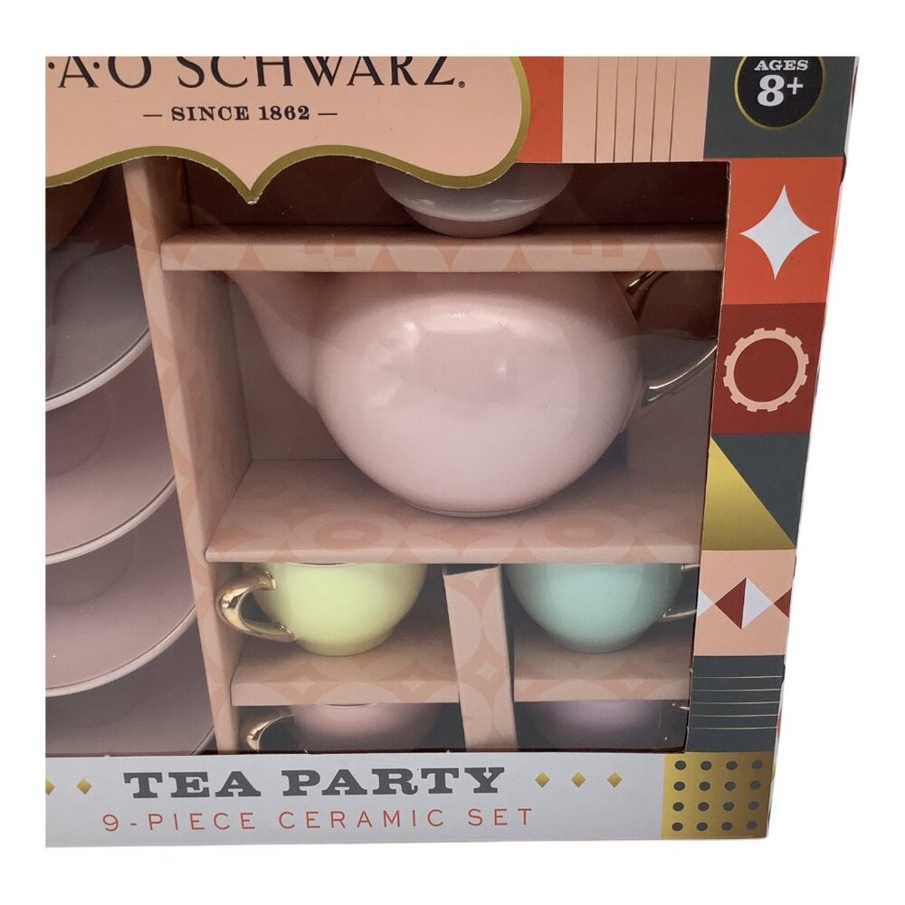 FAO Schwarz 9-Piece Ceramic Tea Party Set For Kids Hand Glazed Porcelain Teapot - Picture 5 of 7
